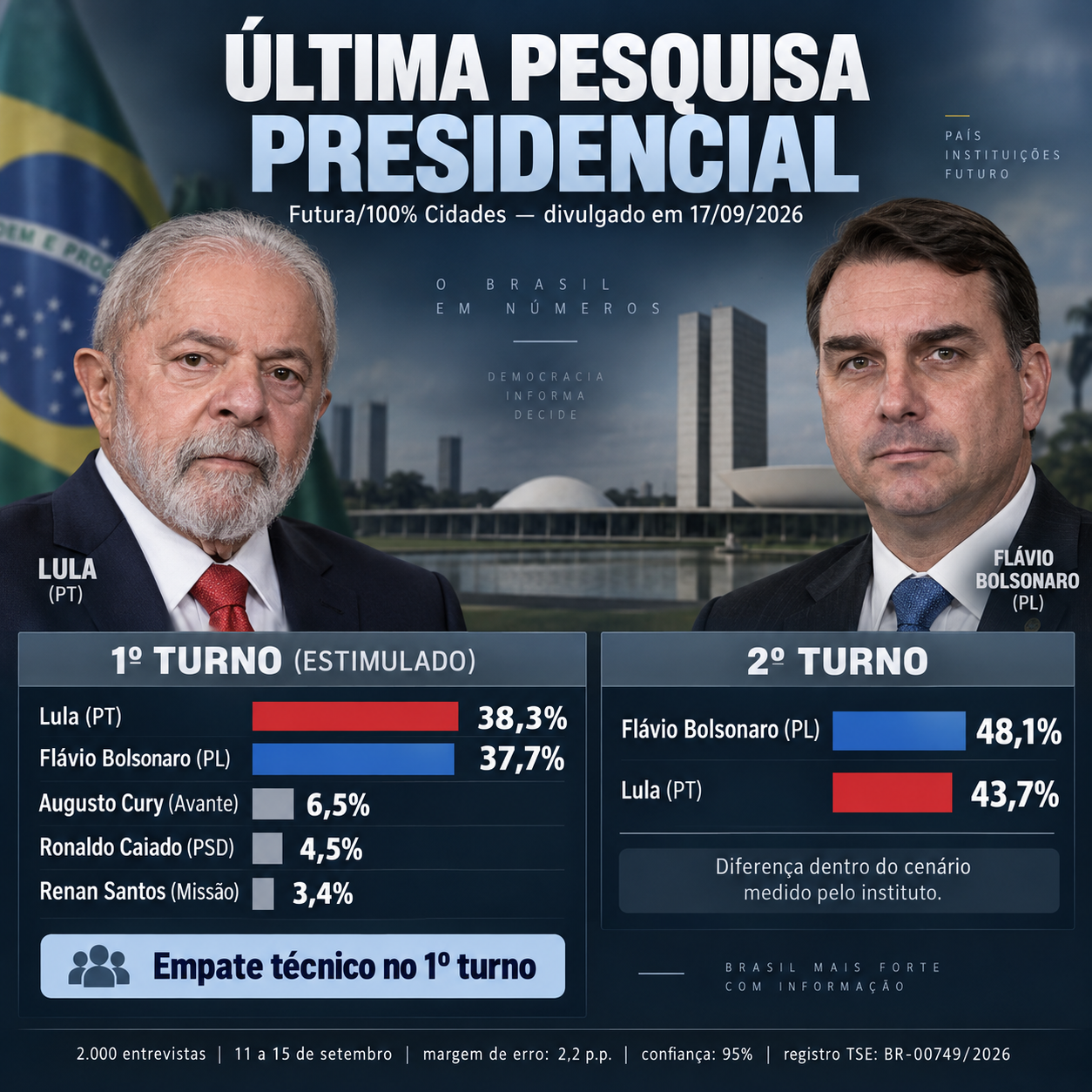 Nova pesquisa presidencial aponta empate técnico entre Lula e Flávio Bolsonaro